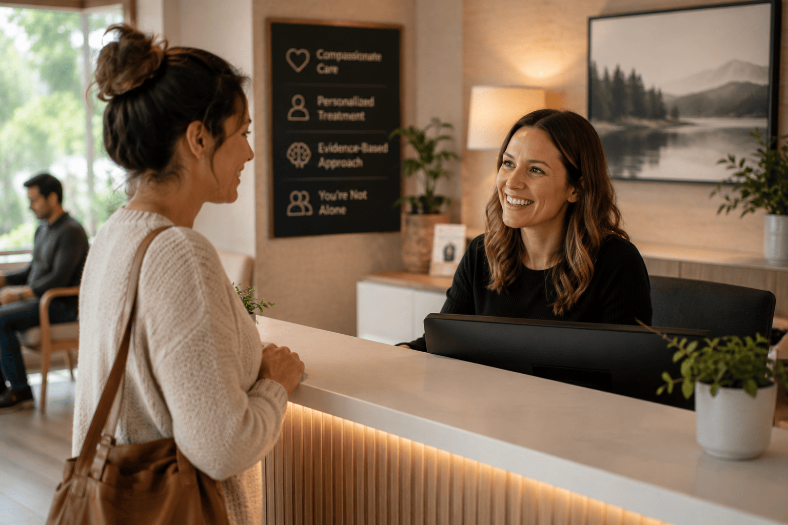 Marketing photo of a smiling receptionist greeting a patient at a front desk