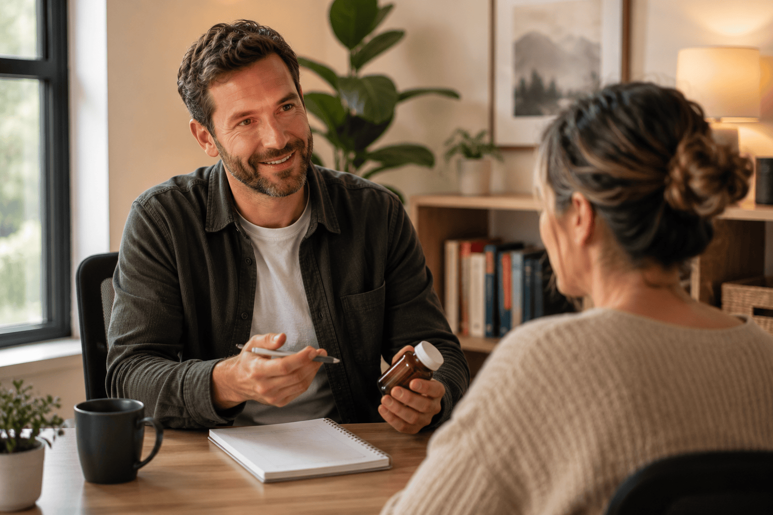Photo of a smiling man holding a pill bottle and pen while talking with a woman across a desk
