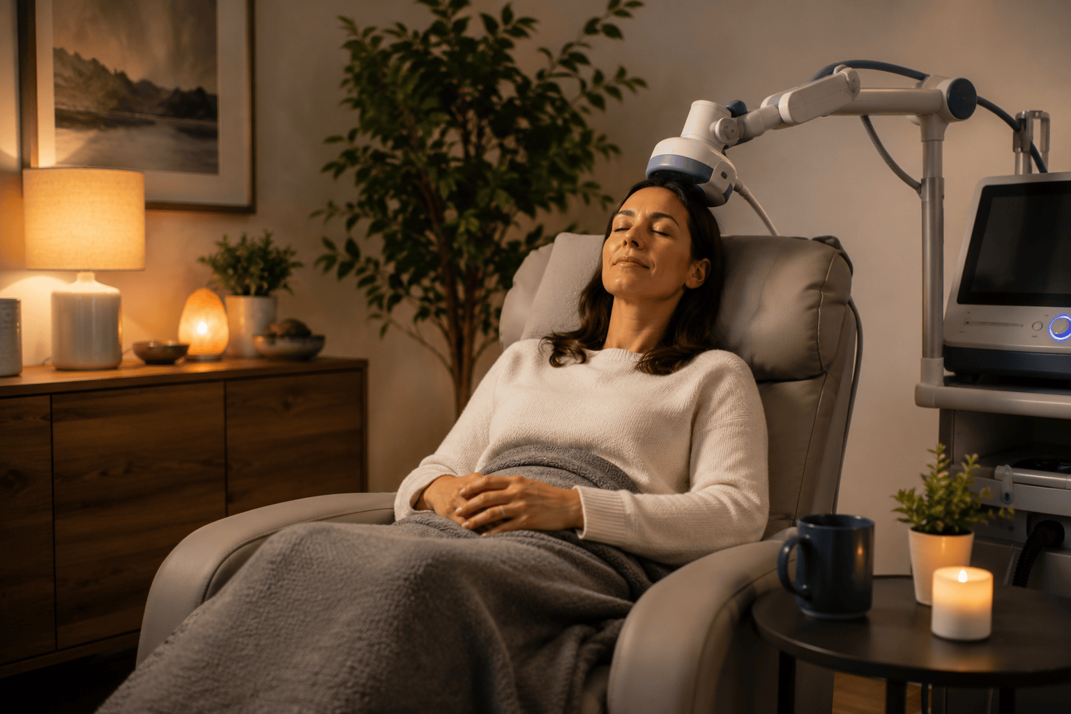 Photo of a woman relaxed in a TMS treatment chair with the coil positioned on her head, eyes closed