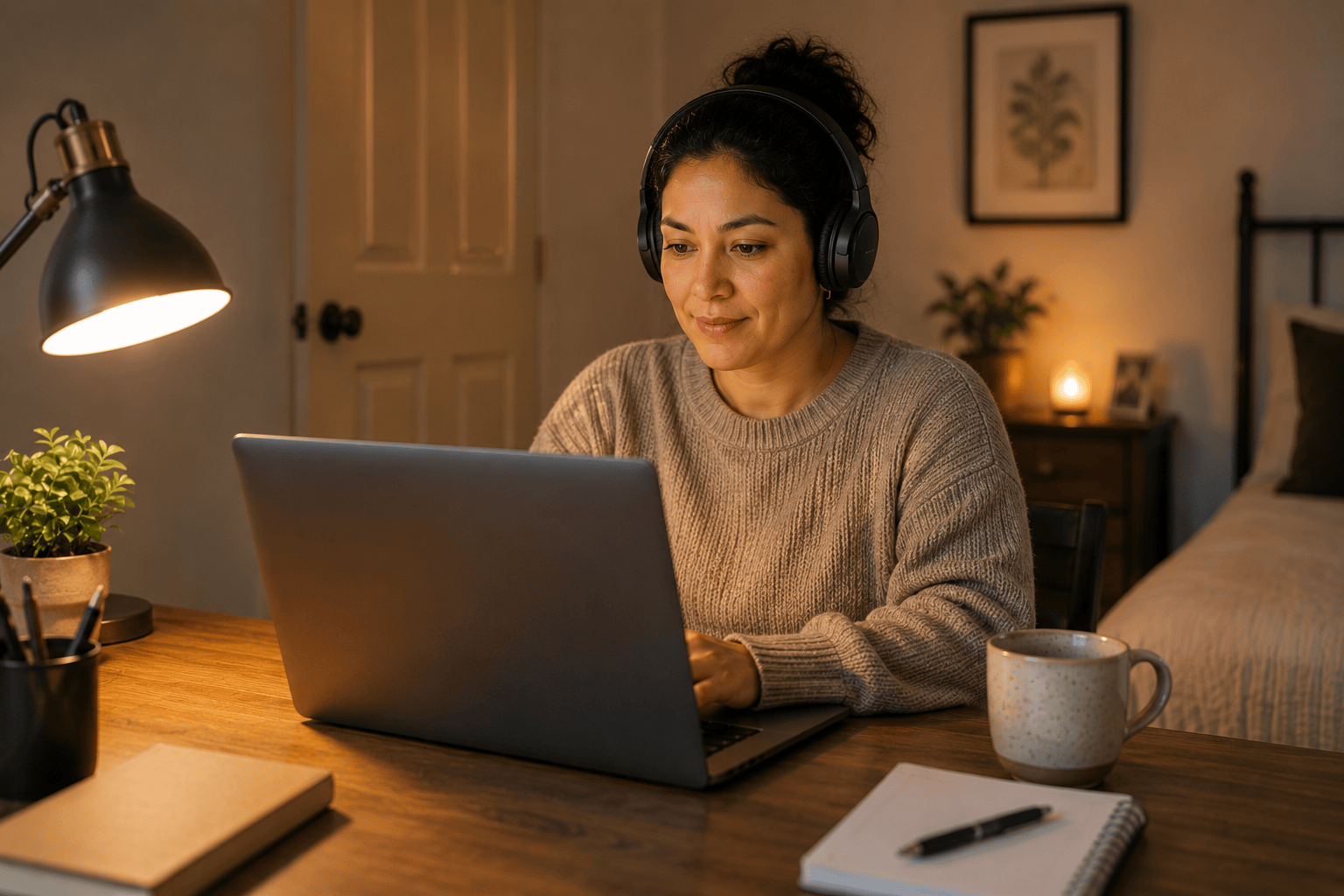 Photo of a woman wearing headphones working on a laptop at a desk in a dim bedroom at night