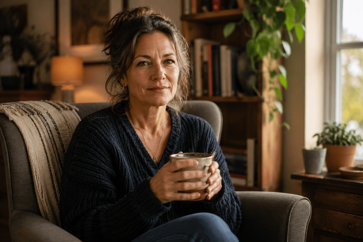 Photo of a woman sitting in an armchair holding a mug, looking at the camera with a calm expression