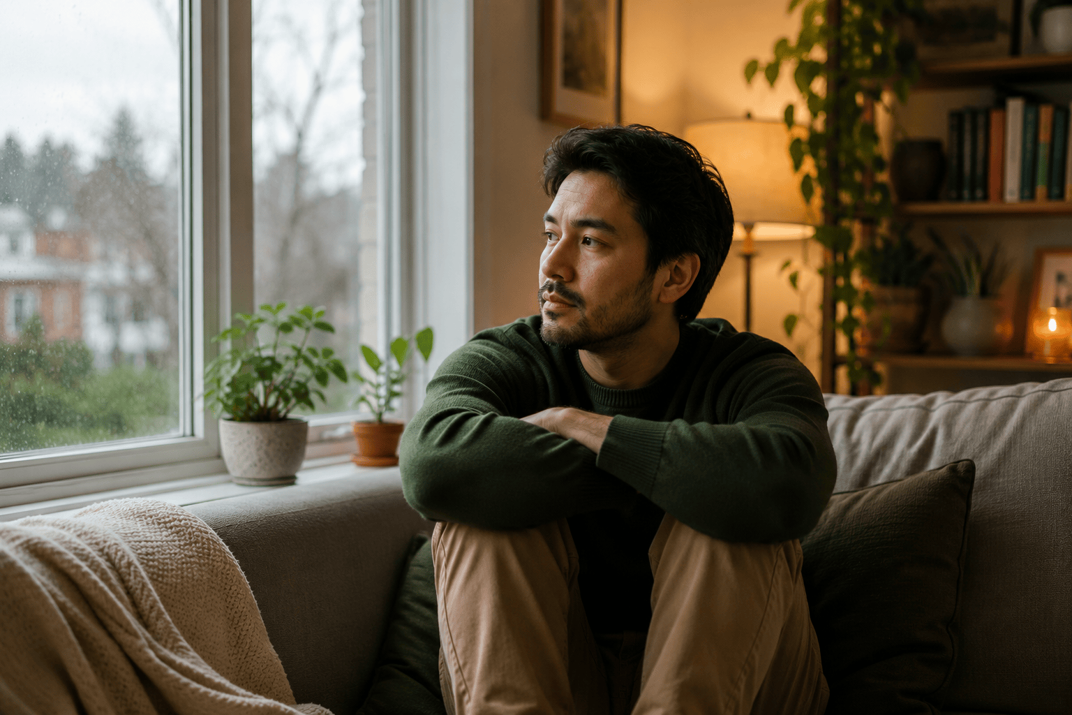 Photo of a man sitting on a couch with arms resting on his knees, looking out a rainy window with a thoughtful expression