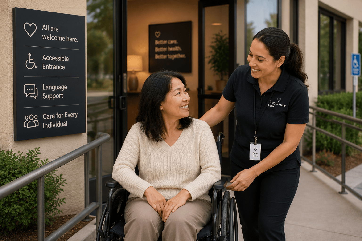 Marketing photo of a staff member greeting a patient in a wheelchair at an accessible entrance, beside All are welcome here signage