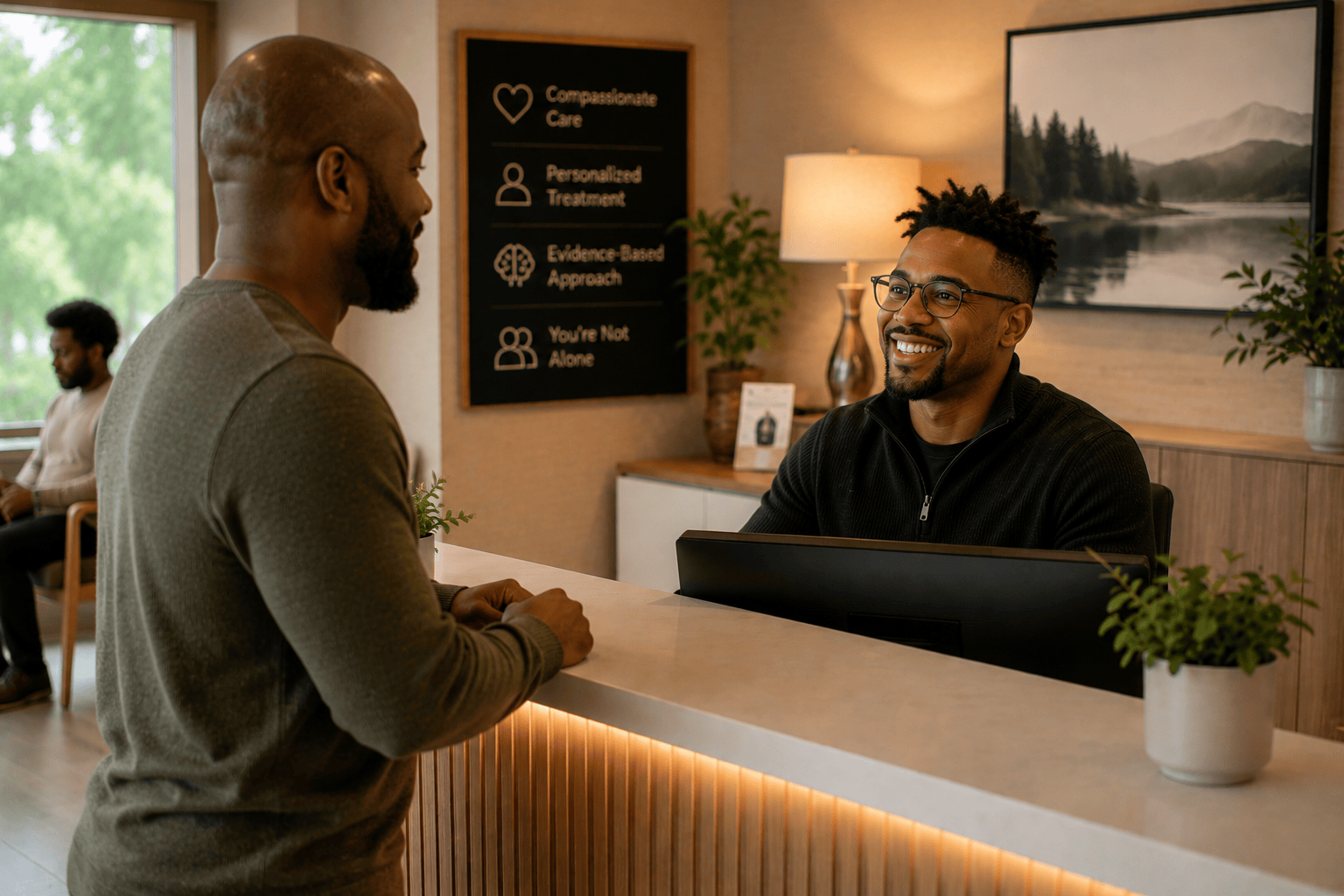 Marketing photo of a smiling front-desk staff member greeting a patient