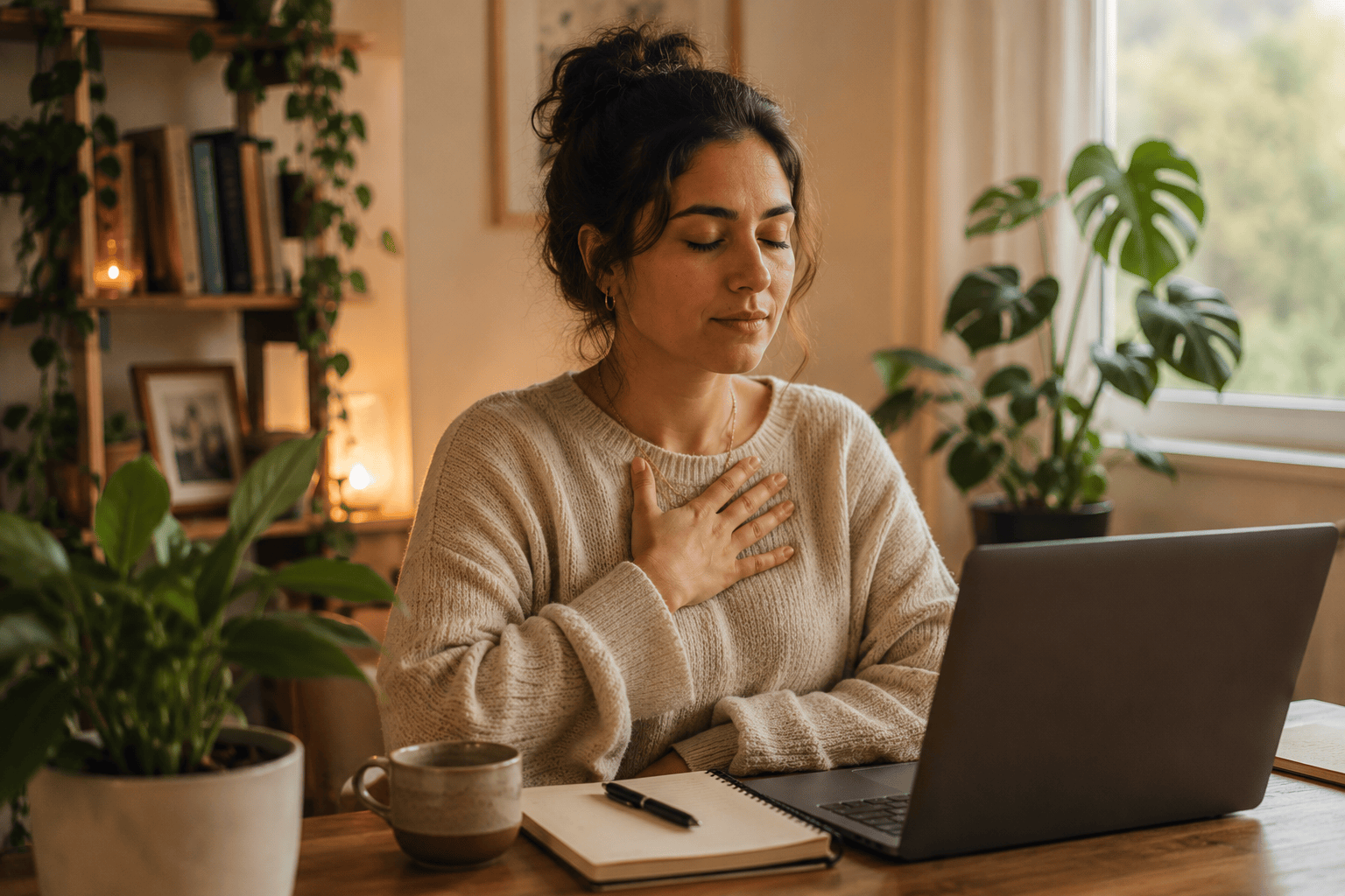 Photo of a woman with her hand on her chest, eyes closed, sitting at a laptop practicing a calming breathing exercise