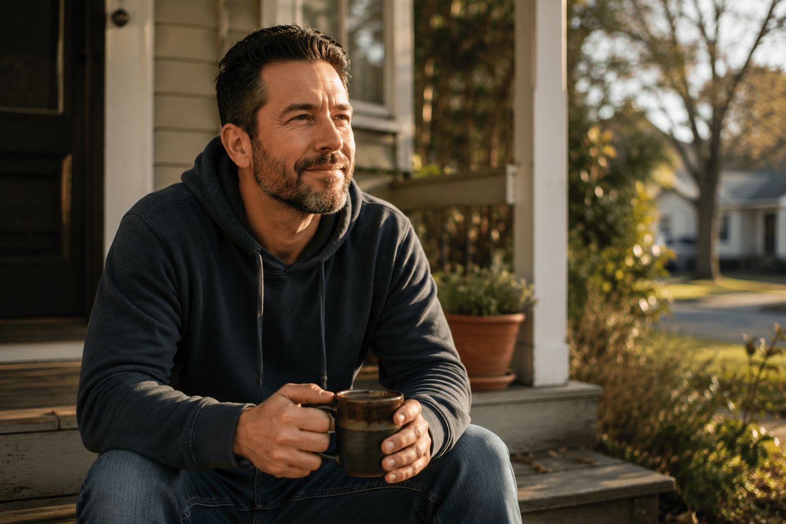Photo of a man sitting on a porch step at golden hour, smiling and holding a mug of coffee
