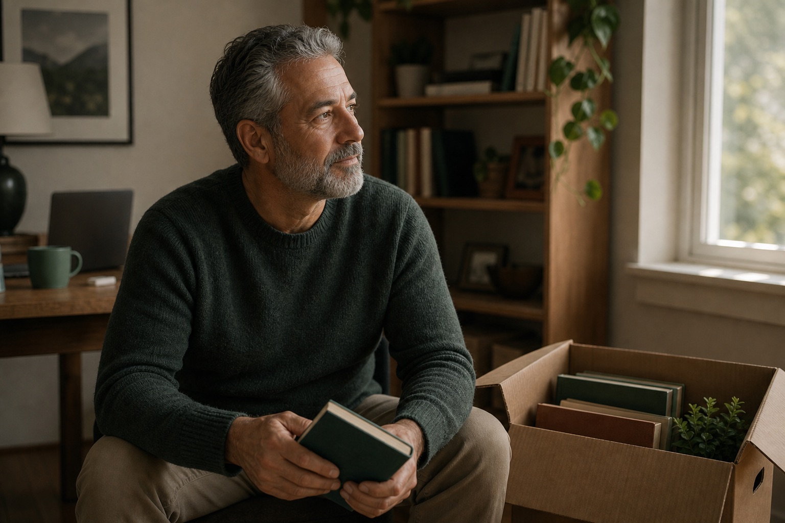 Photo of an older gray-haired man holding a book near a moving box by a bookshelf