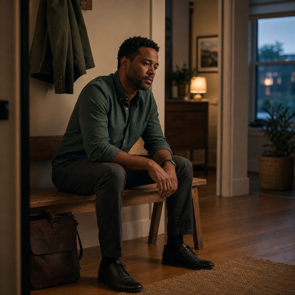 Stylized lifestyle photo of a man sitting alone on an entryway bench in dim evening light, staring off with a distant expression, coat hung above him