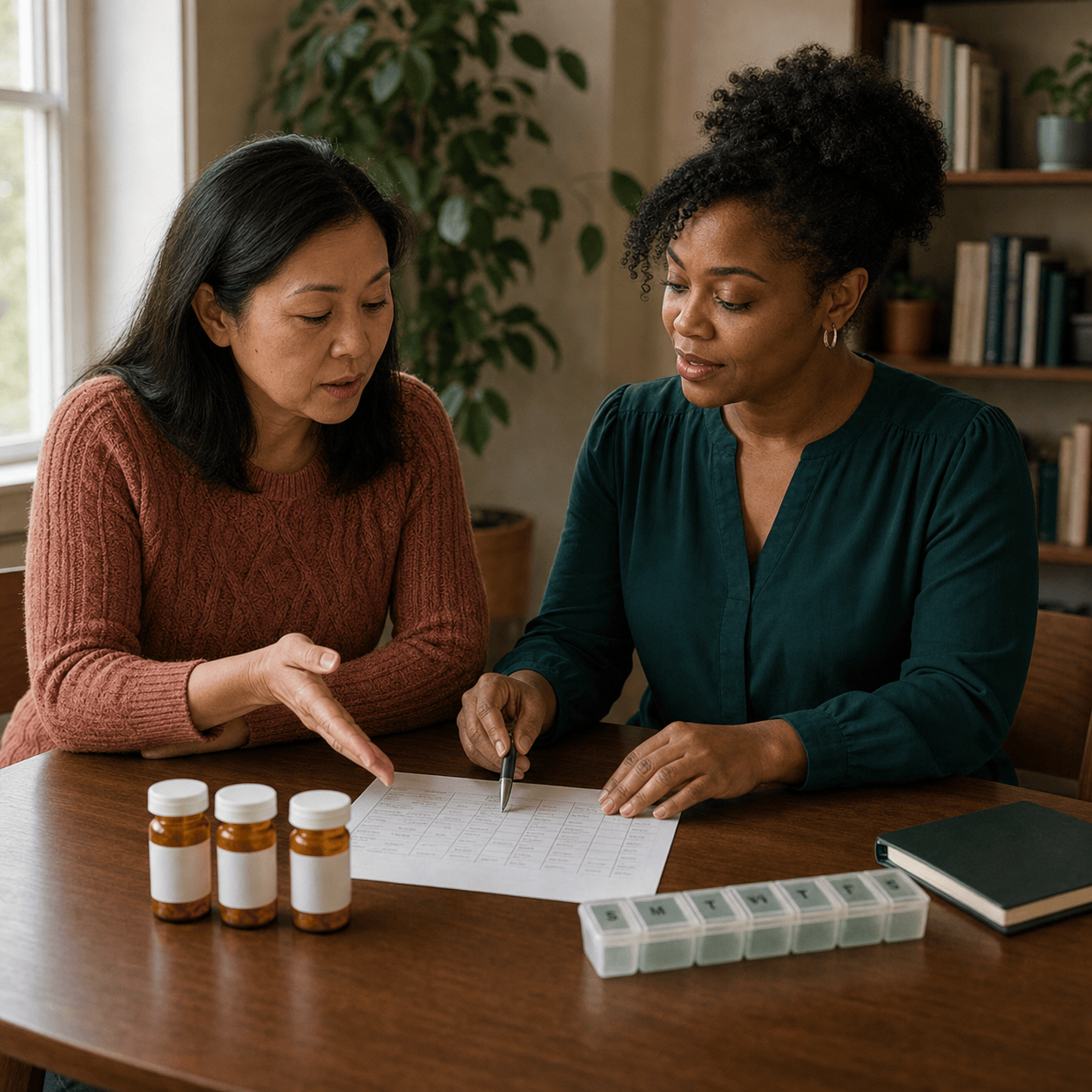 Photo of two women reviewing pill bottles and a medication schedule together at a table