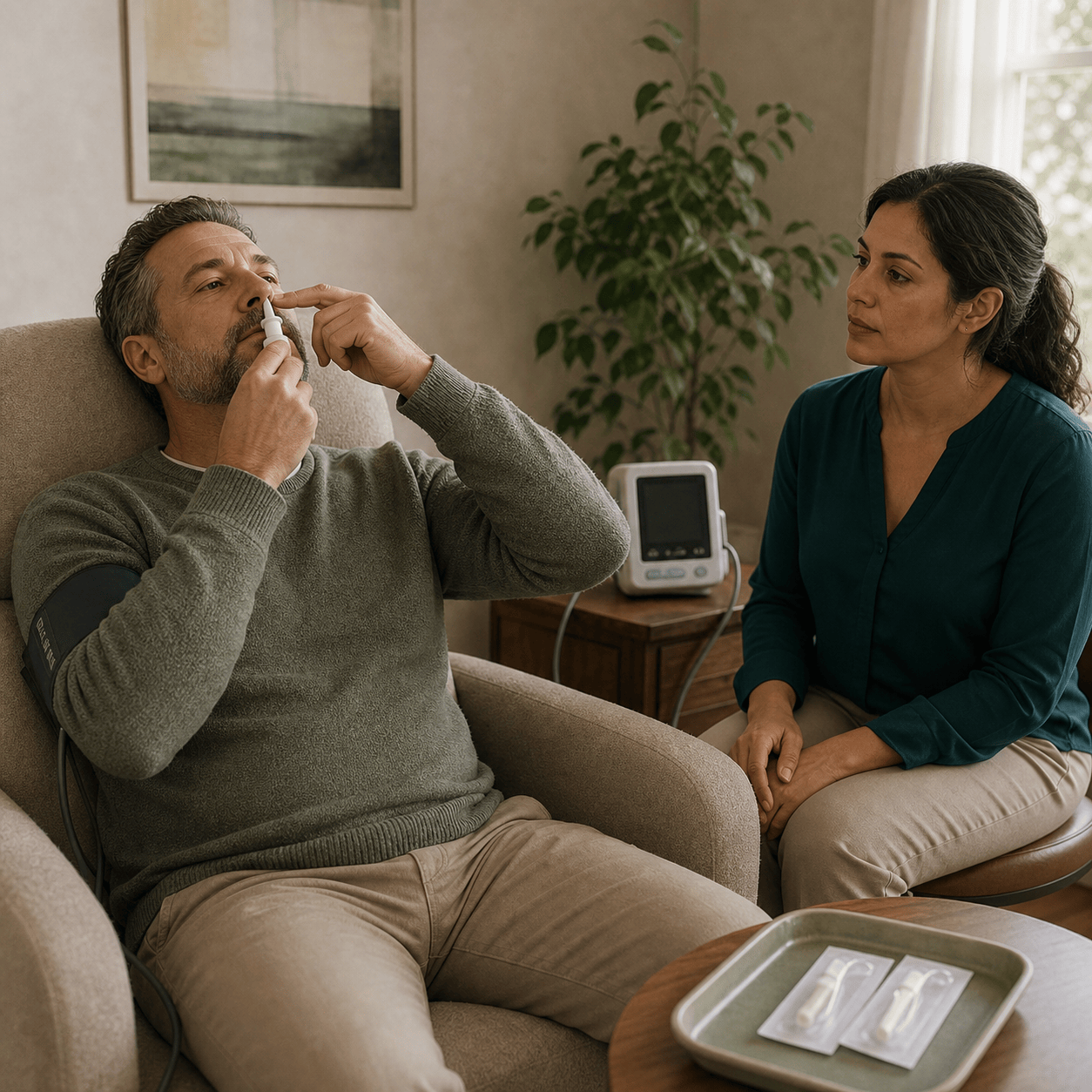 Photo of a patient using a nasal spray medication while a clinician looks on, seated in a living-room-style treatment space