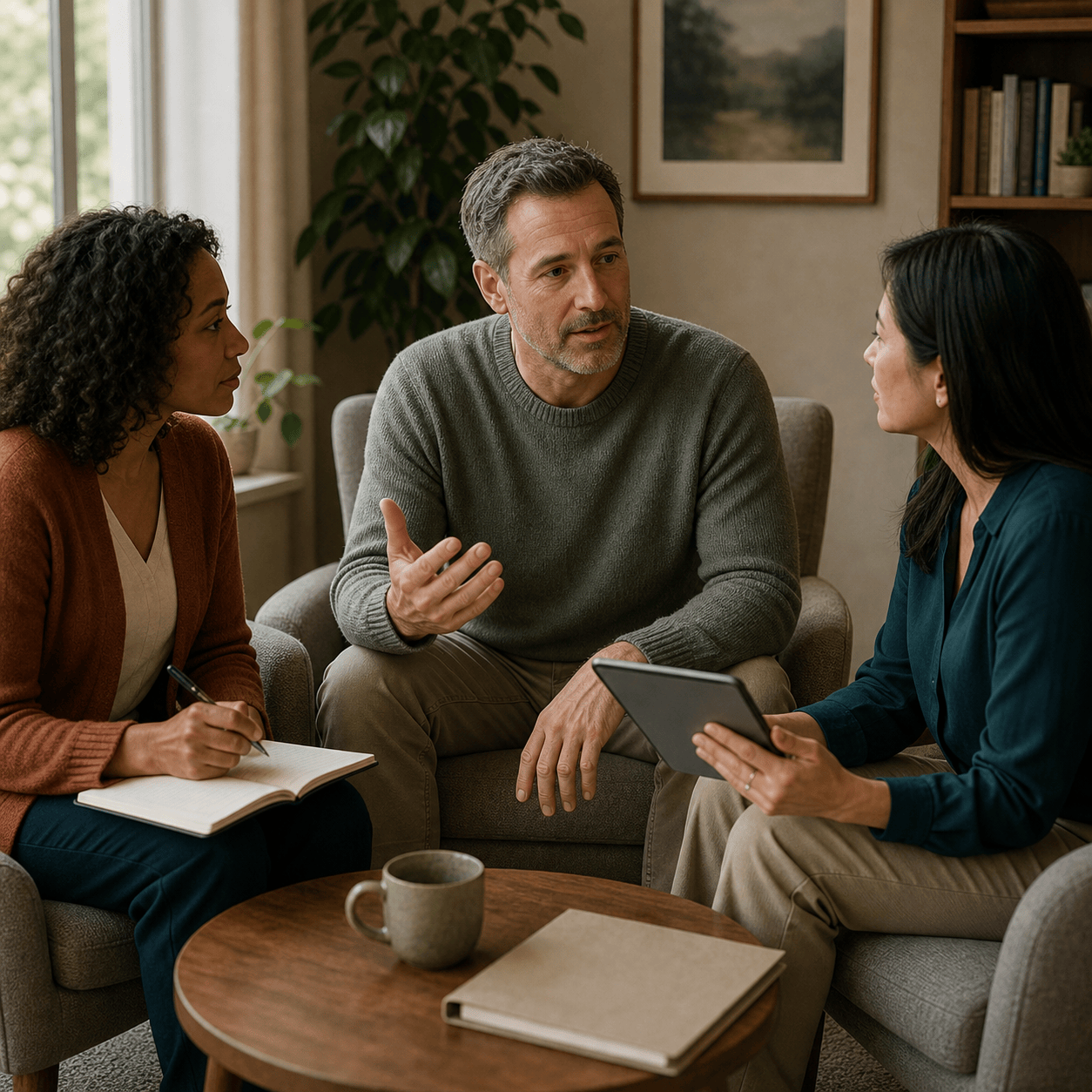 Photo of a man gesturing while talking with two women in a counseling-style group conversation