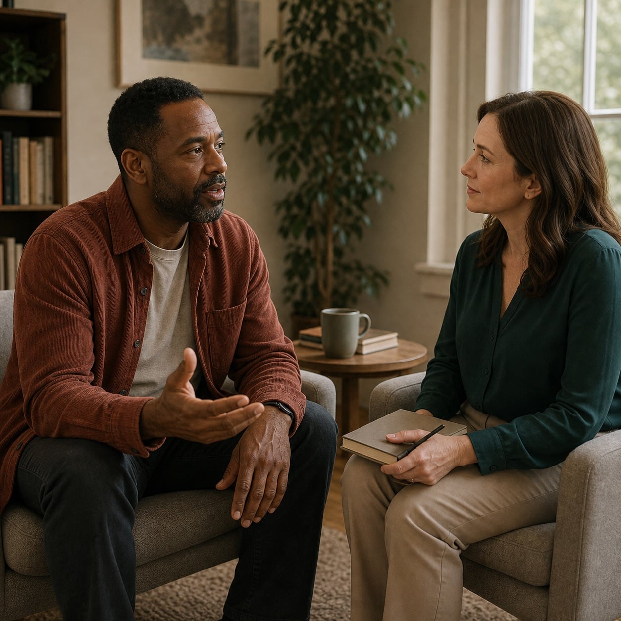 Photo of a man talking with a female clinician holding a notebook, both seated in armchairs in a warmly lit living room