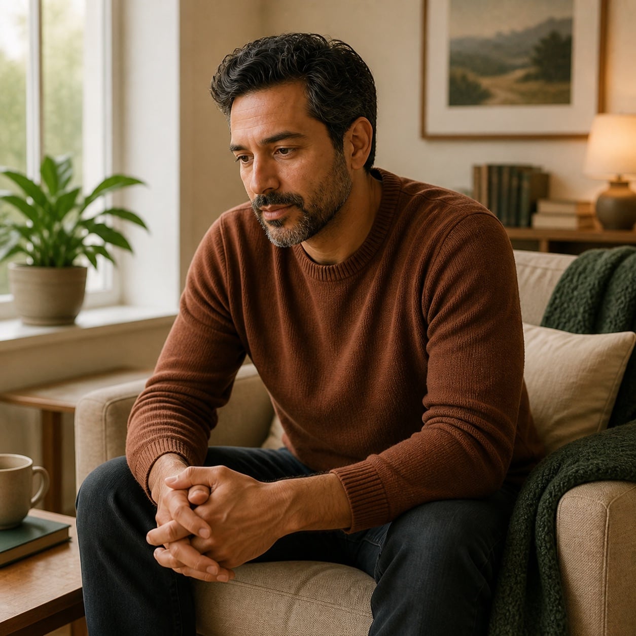 Stylized lifestyle photo of a man sitting on a couch with hands clasped, looking down pensively