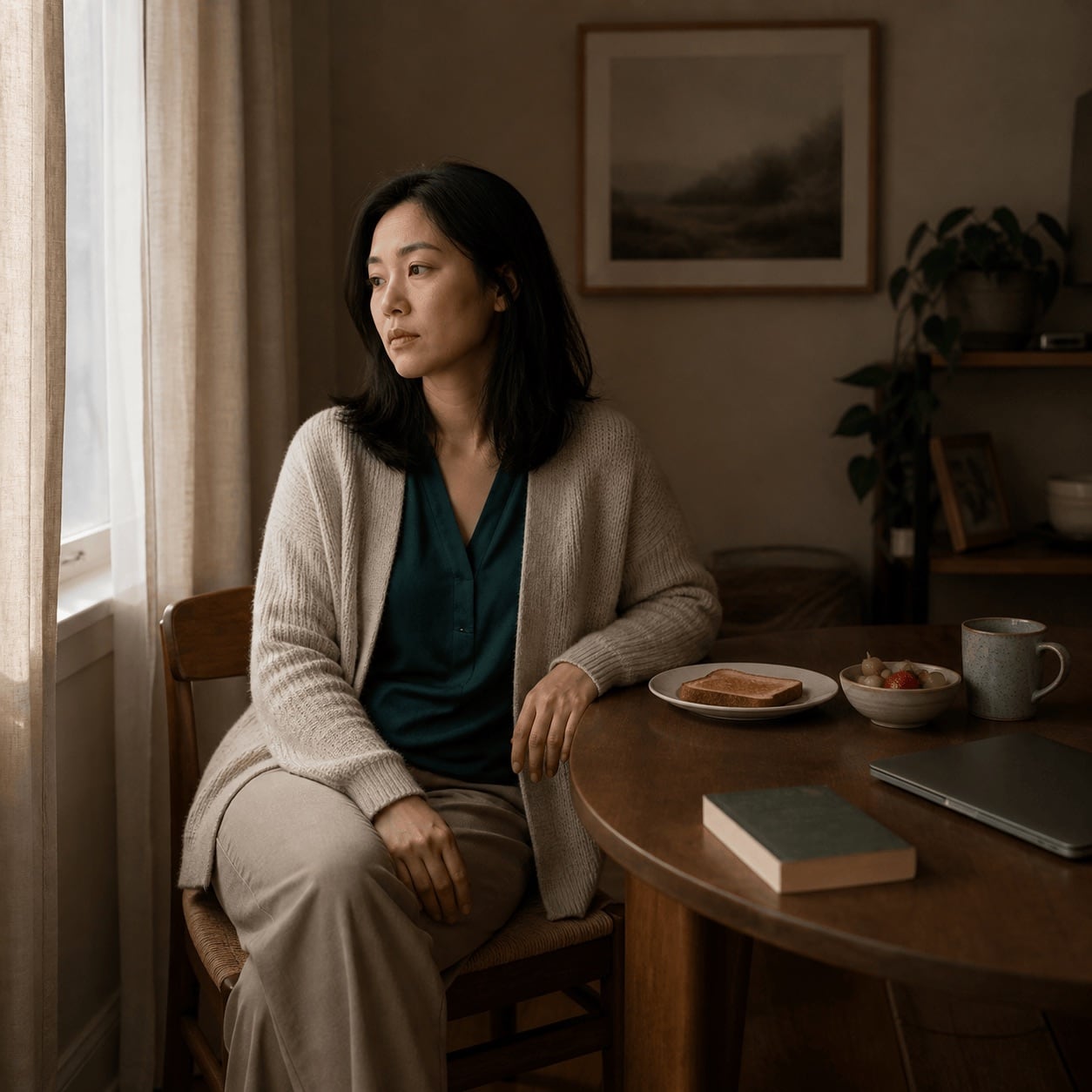 Stylized lifestyle photo of a woman sitting at a breakfast table looking distantly out a window, toast and coffee untouched in front of her