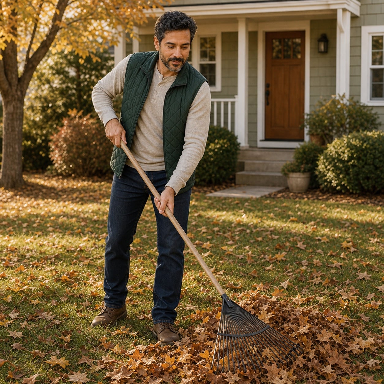 Stylized lifestyle photo of a man raking autumn leaves in front of a house
