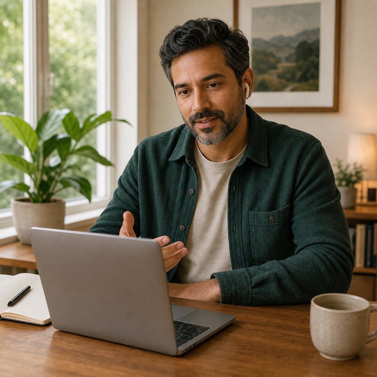 Stylized lifestyle photo of a man on a video call at his laptop, gesturing while talking, wearing a wireless earbud