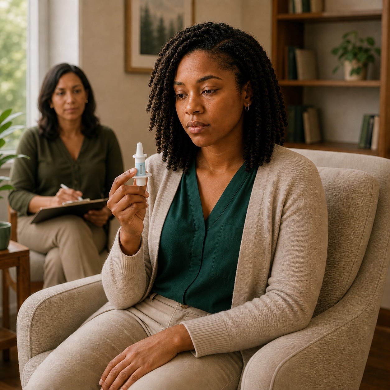 Photo of a patient holding a Spravato nasal spray device while a clinician takes notes in the background