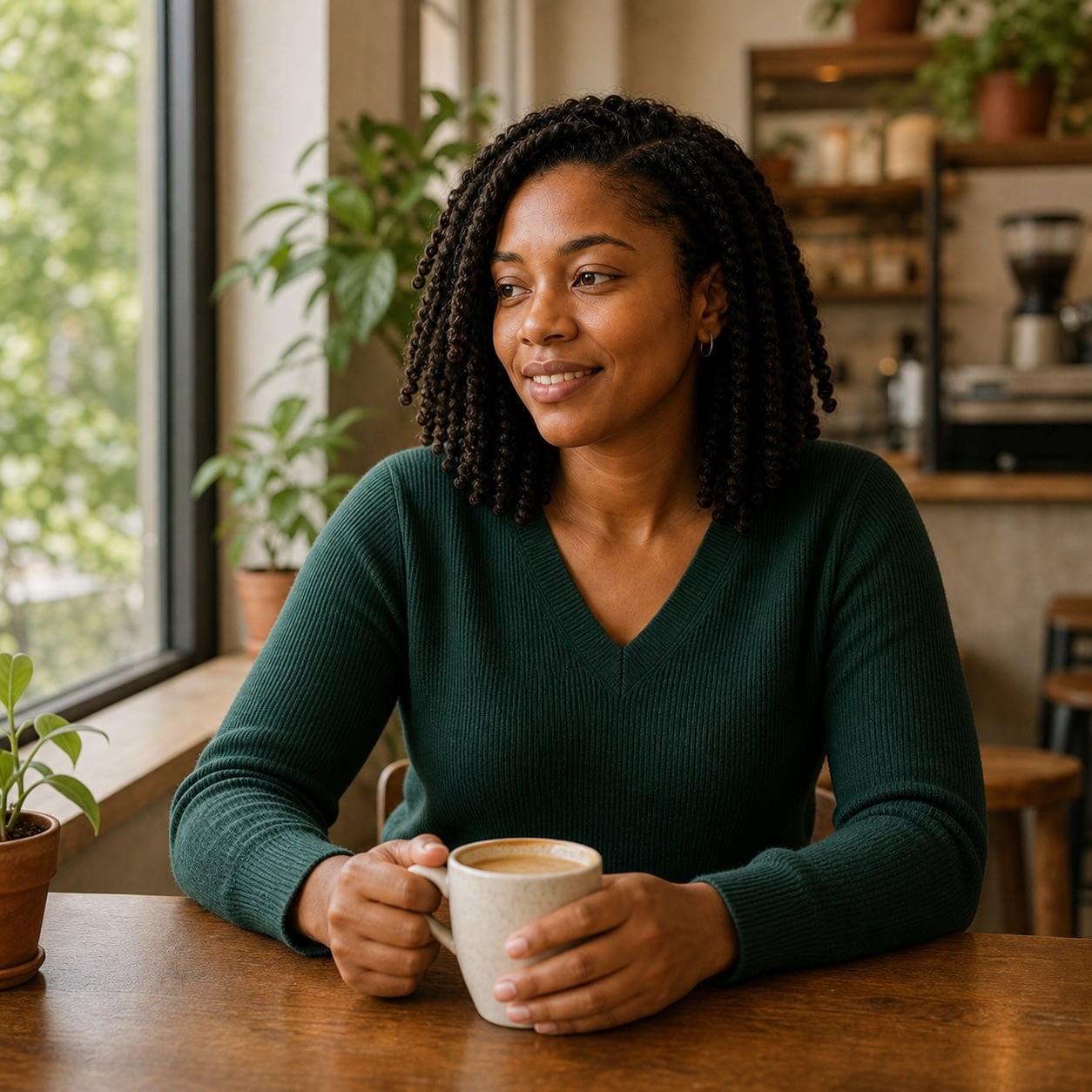 Stylized lifestyle photo of a smiling woman holding a coffee mug at a café table, looking off to the side