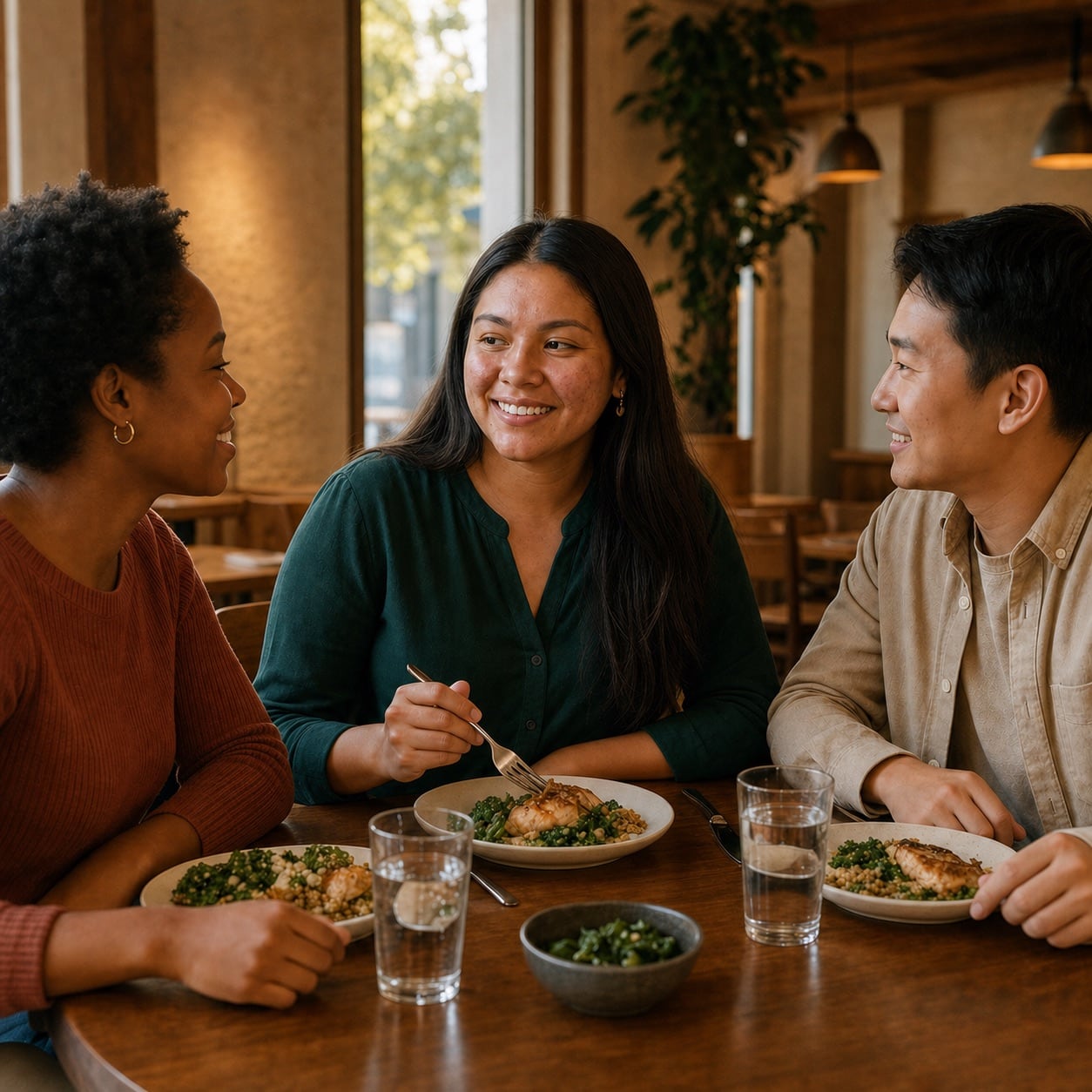 Photo of three friends smiling and talking over a meal at a restaurant table