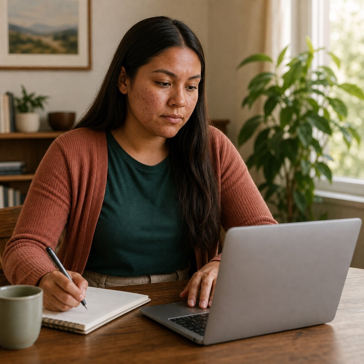 Stylized lifestyle photo of a woman writing in a notebook while working on a laptop at a table
