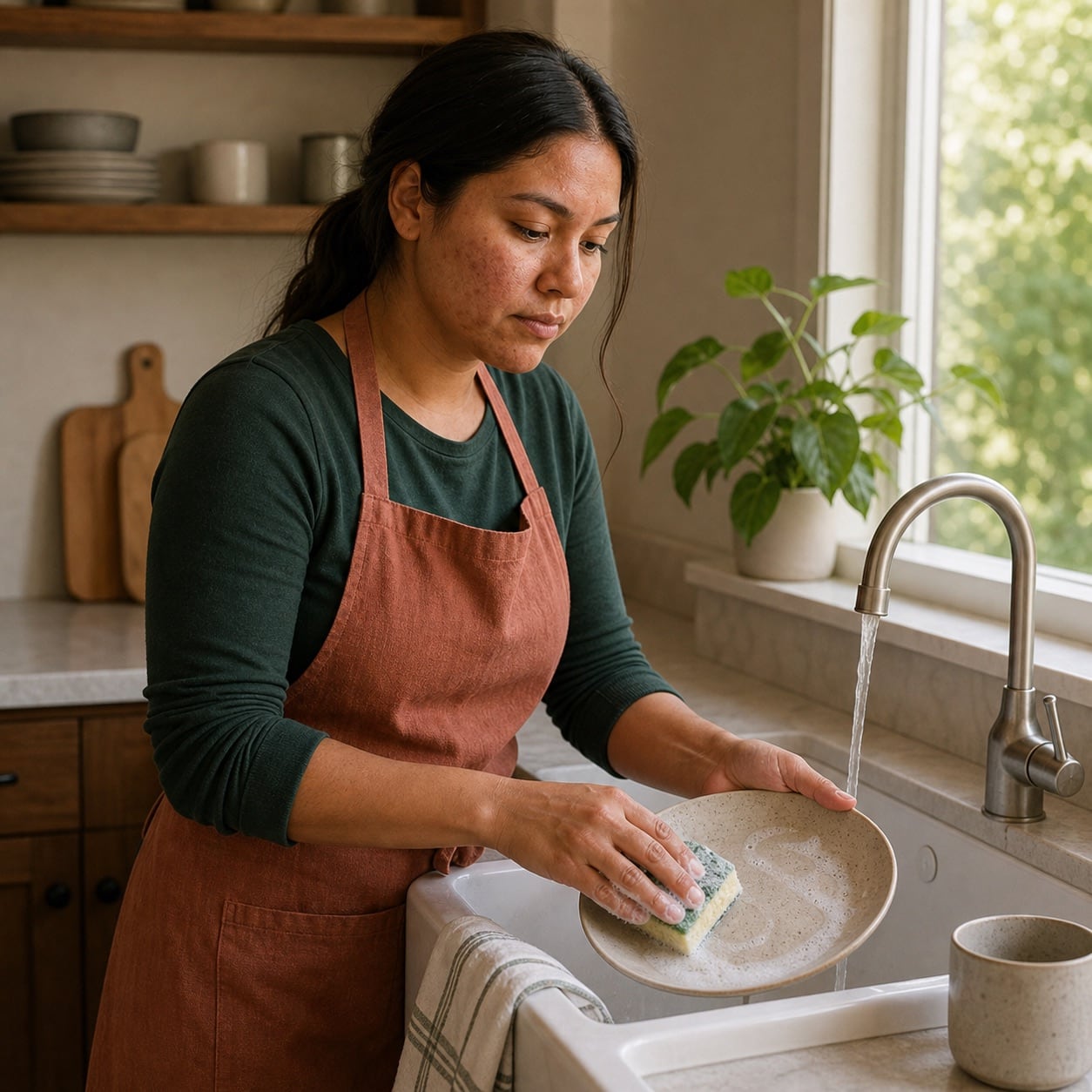 Stylized lifestyle photo of a woman washing a dish at a kitchen sink