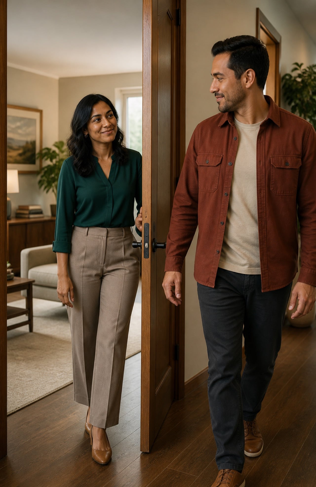 Photo of a smiling woman greeting a man as he arrives through an open door into a warmly lit home