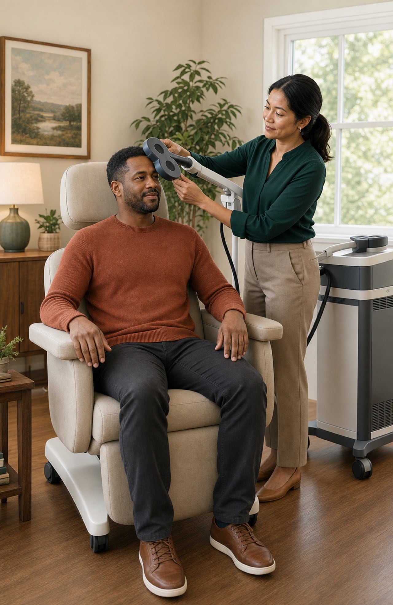 Photo of a clinician positioning a TMS treatment coil against a seated male patient's head in a home-like treatment room