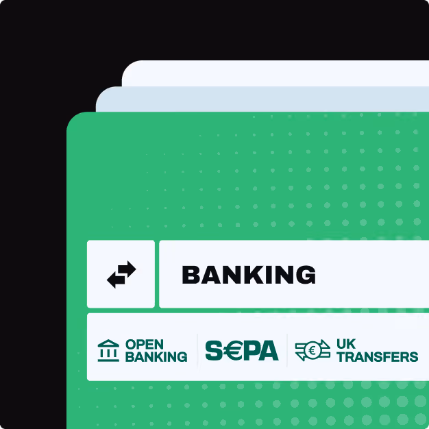 Green banking interface with icons for Open Banking, SEPA, and UK Transfers on a black background.