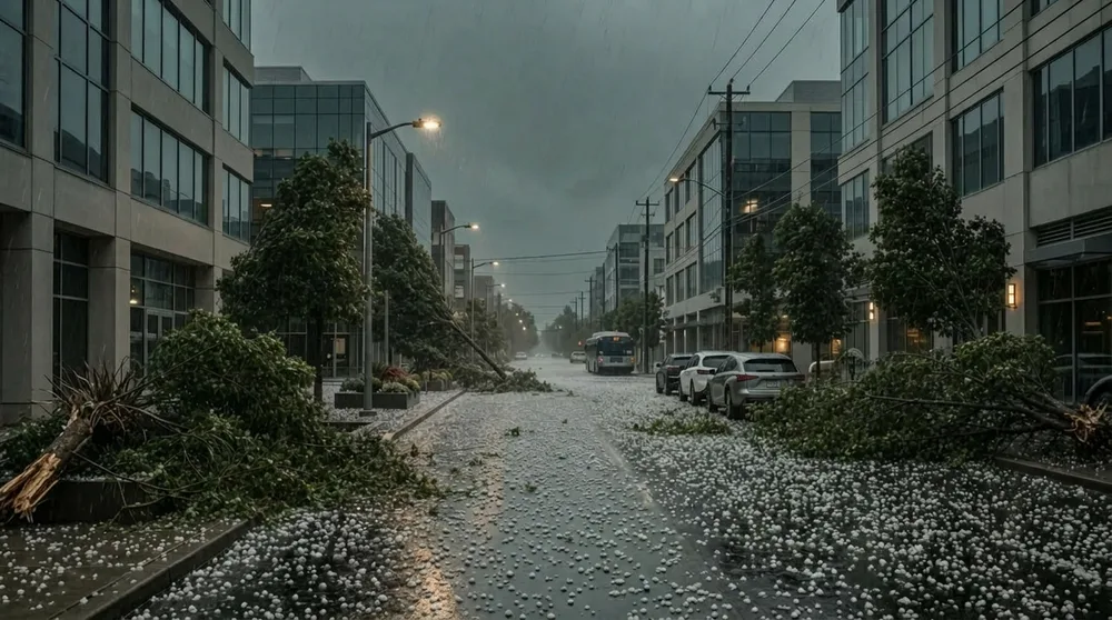Hail falling on a commercial street, commercial wind and hail deductible buy-back