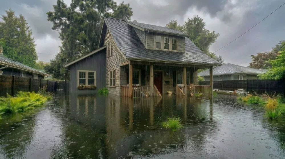 Flooded house in heavy rain, residential flood coverage