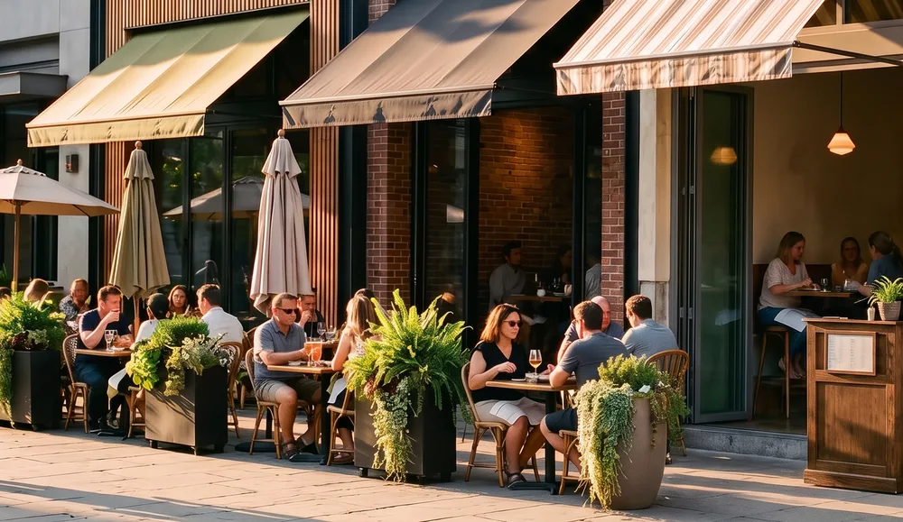 Restaurant exterior with awnings, Restaurant Recovery