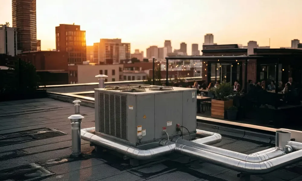 Rooftop equipment against a city skyline, equipment breakdown coverage