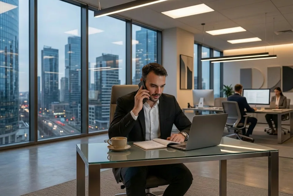 Insurance agent on the phone in an office, agents and brokers