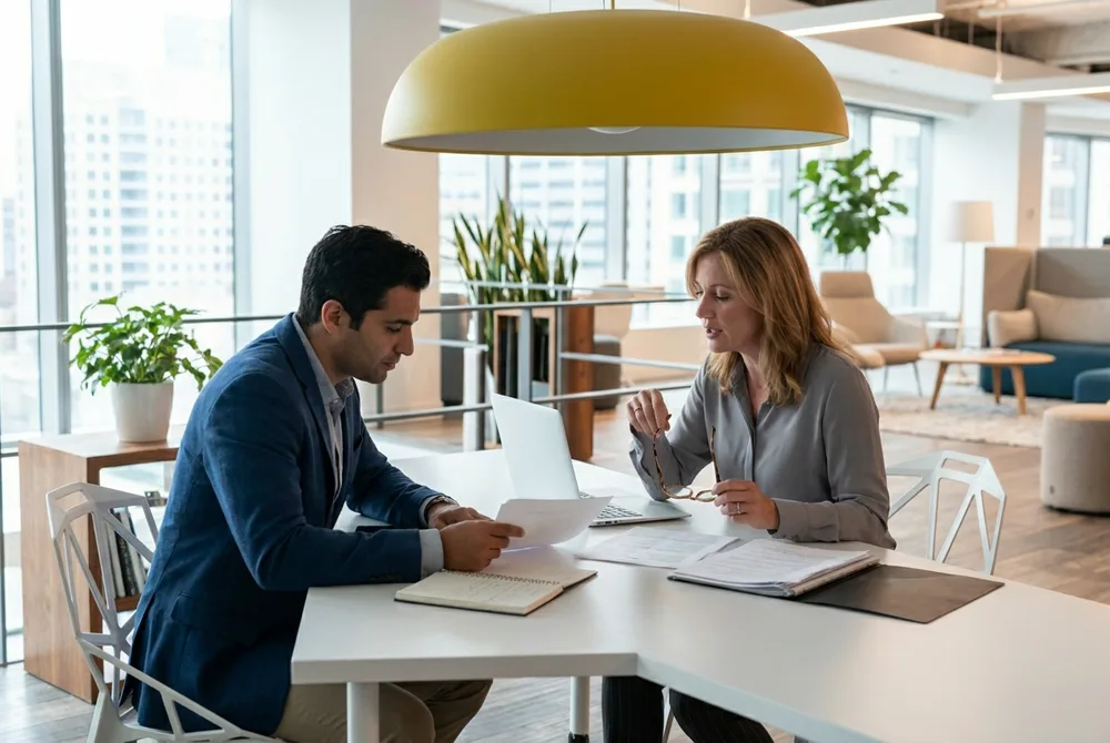 Two partners reviewing documents at a table, partners