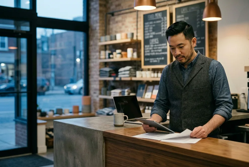 Small business owner at a cafe counter, commercial customers