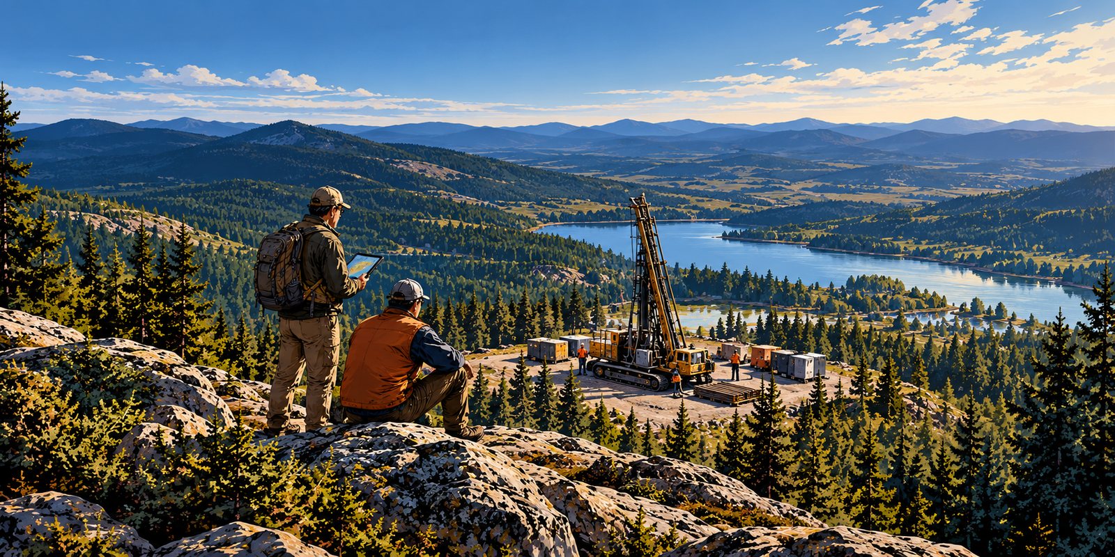 Illustration: two geologists on a rocky ridge, one holding a tablet, looking over a forested valley to a drill rig and camp beside a lake in evening light.