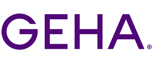 GEHA logo with the letters GEHA in bold dark blue capital letters