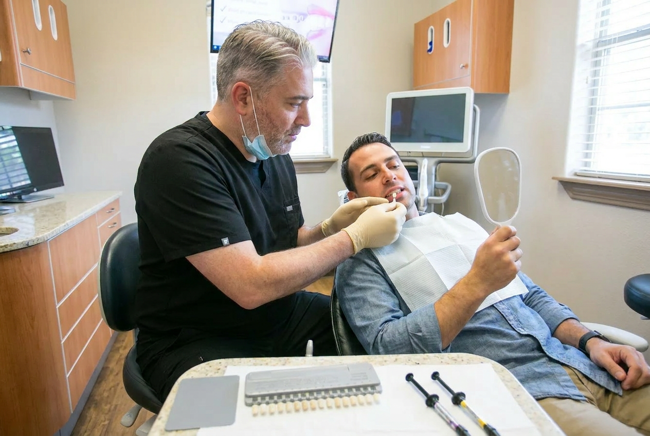 Dentist pointing to a cavity on a tooth model during a consultation