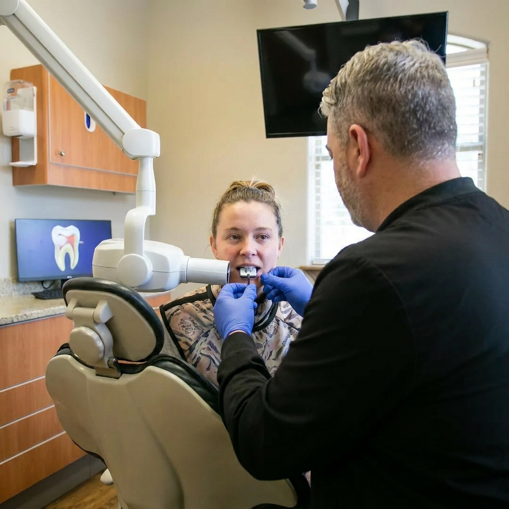 Digital dental x-ray machine arm next to a patient chair
