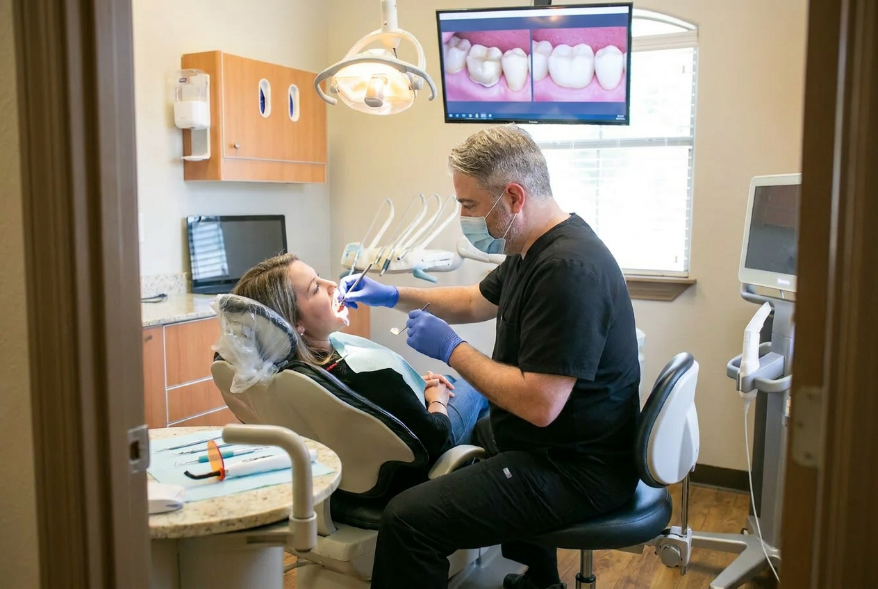 Dentist holding a dental crown next to a patient prepared tooth