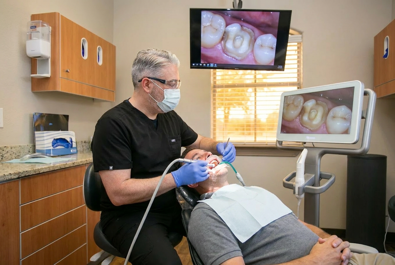 Dental bridge model with three connected crowns on a work table