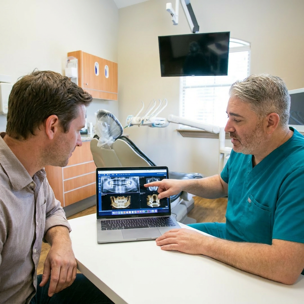 Dentist pointing to a dental x-ray image on a monitor while explaining it
