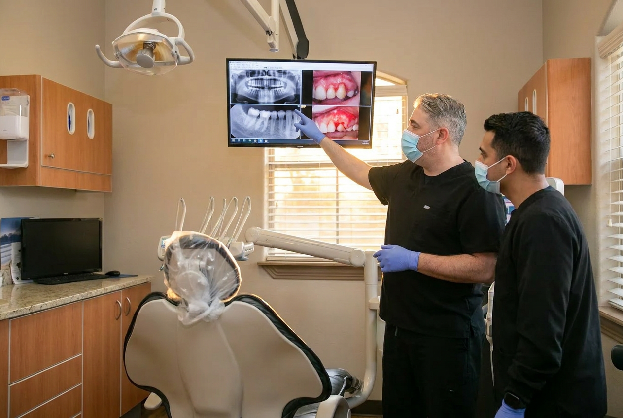 Periodontal scaling instruments and dental laser on a treatment tray