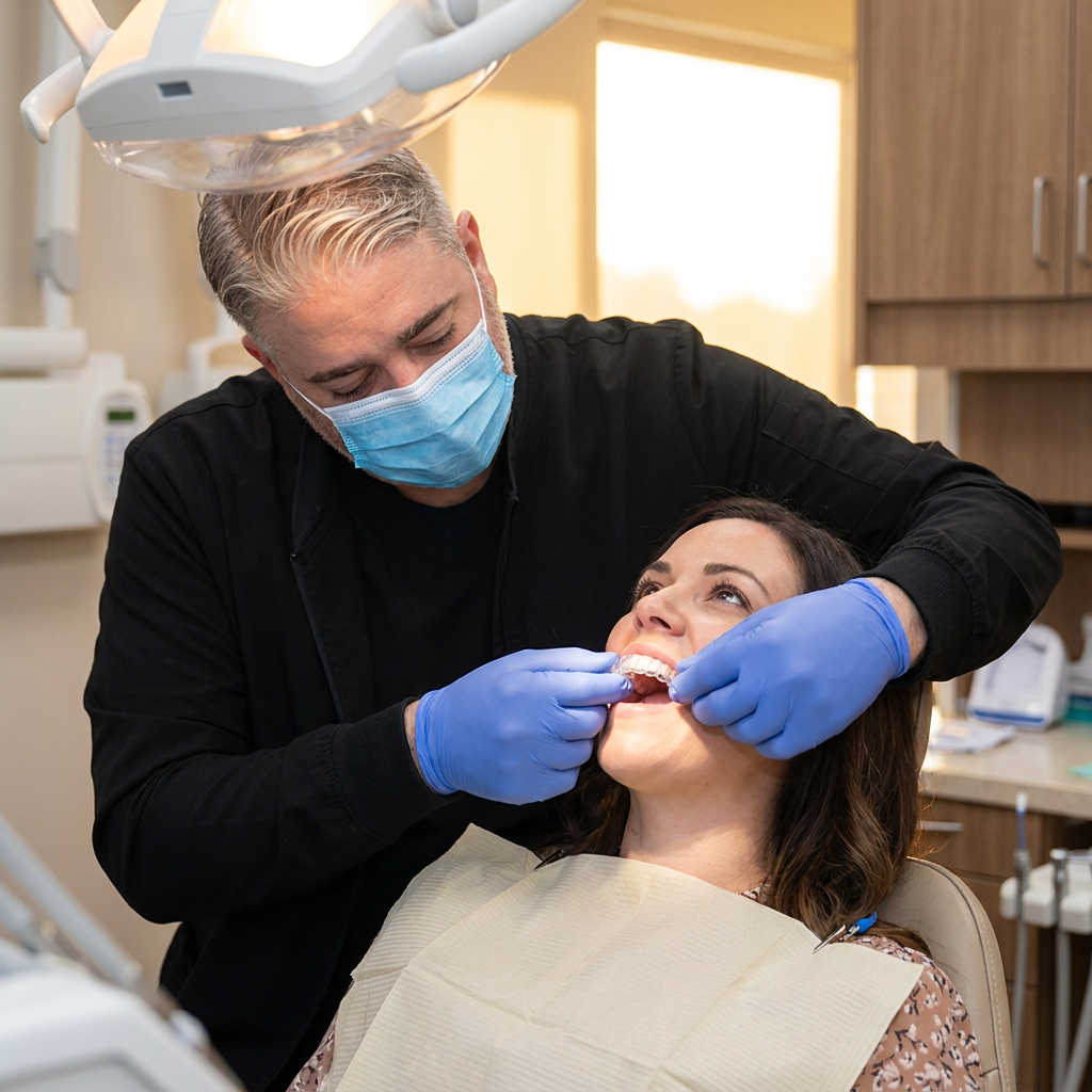 Dentist fitting a clear aligner onto a patient teeth during a checkup