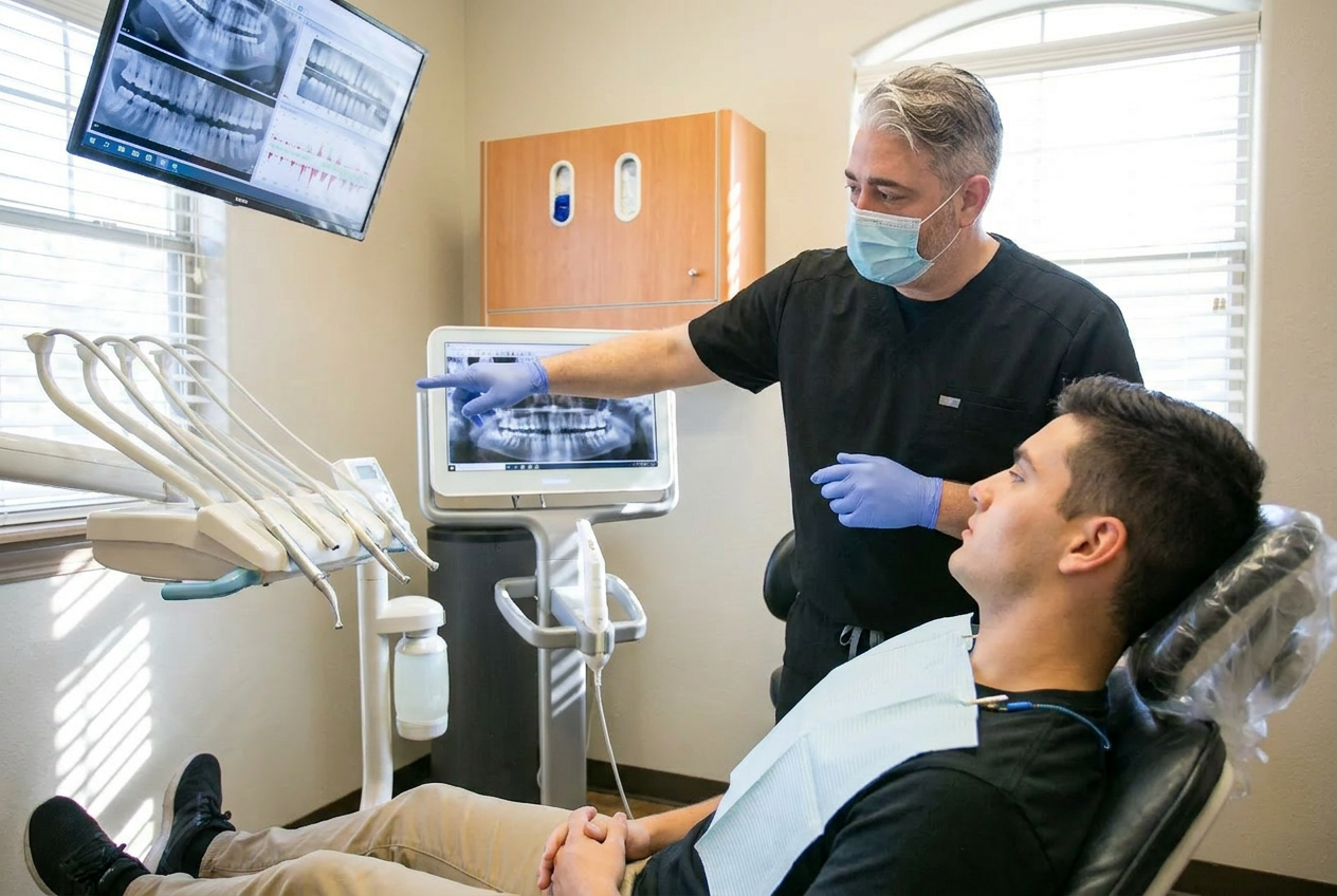 Dentist showing a patient signs of gum disease on a chart