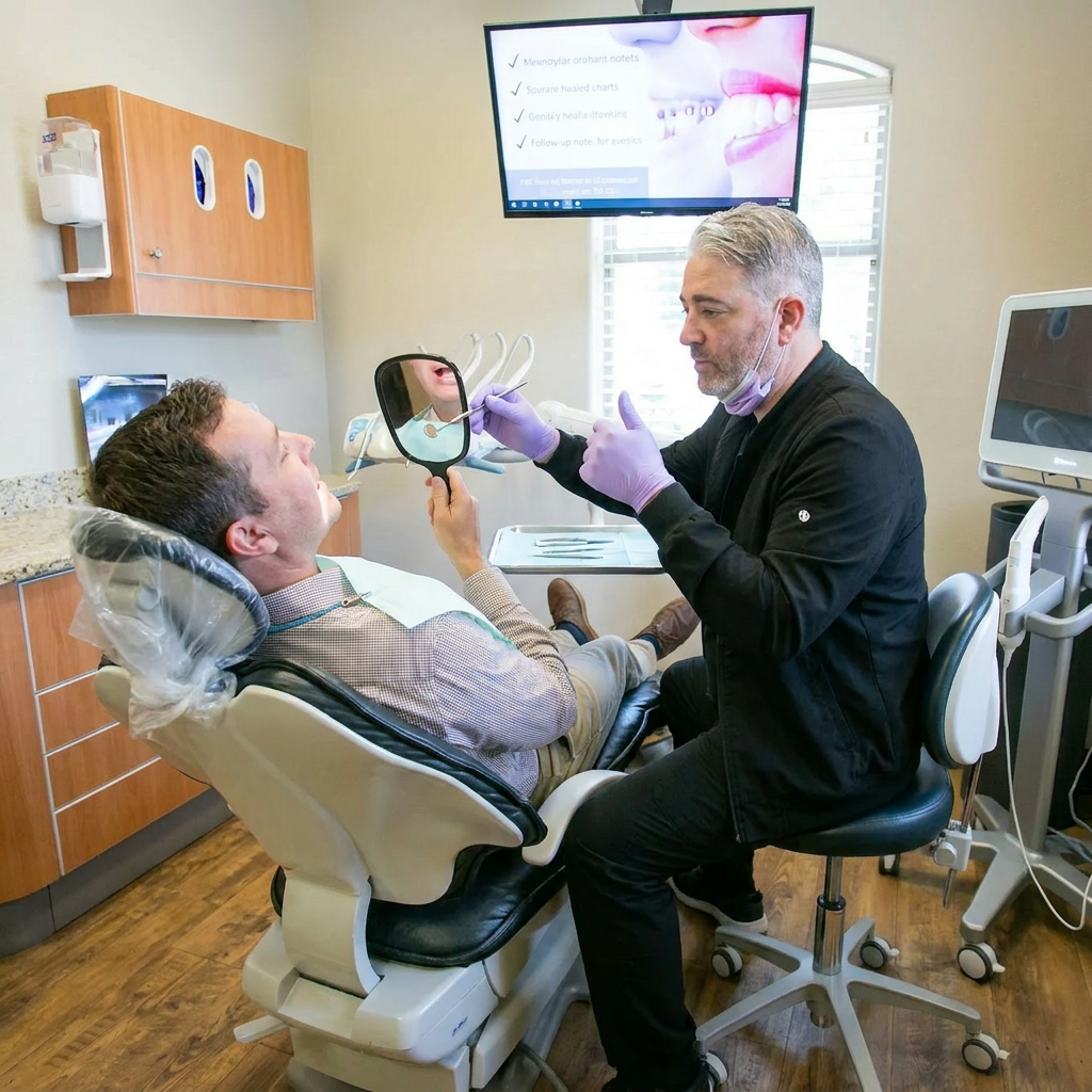 Dentist explaining a tooth extraction plan to a seated patient