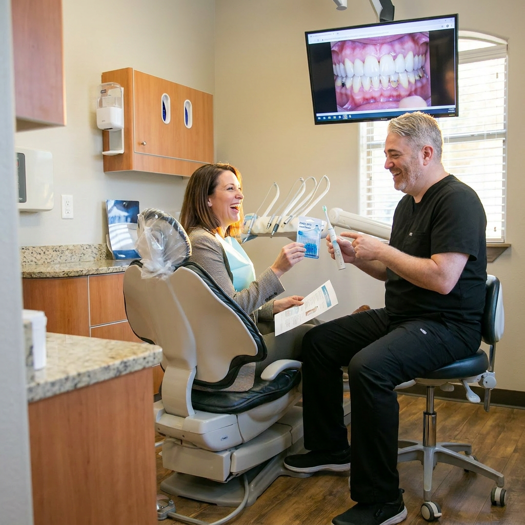 Dentist reviewing teeth and gums during a routine dental exam