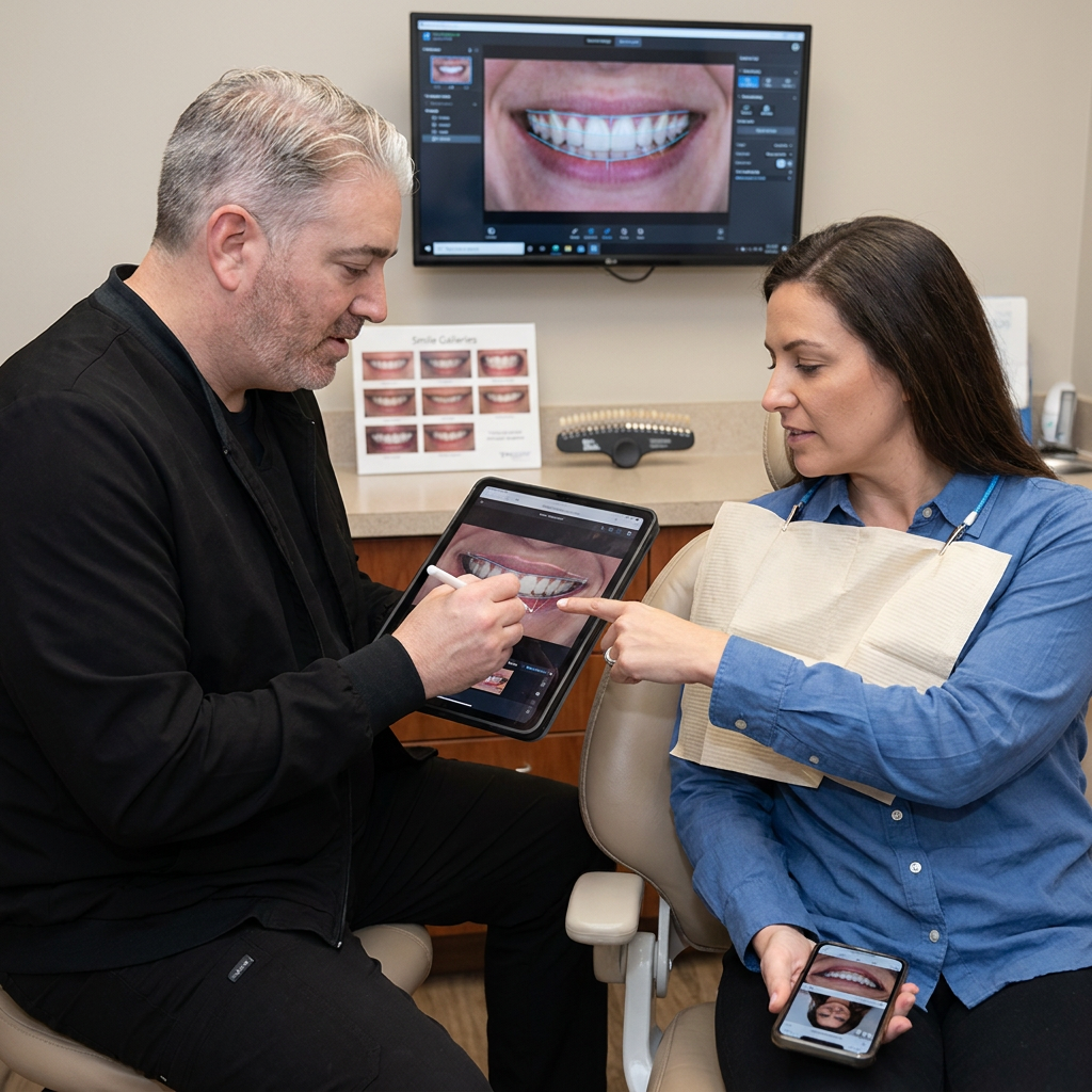 Row of porcelain veneer samples on a dental finger tray