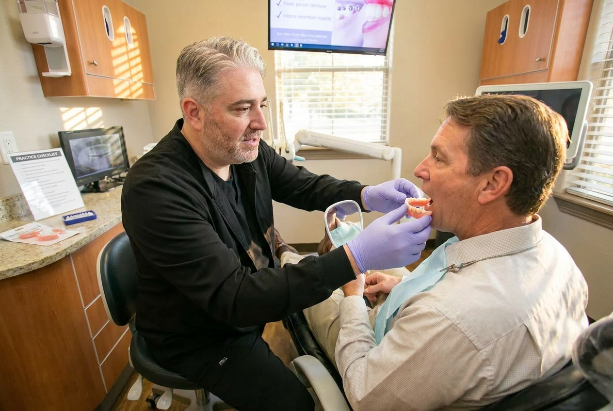 Dentist fitting a set of dentures for a smiling older patient