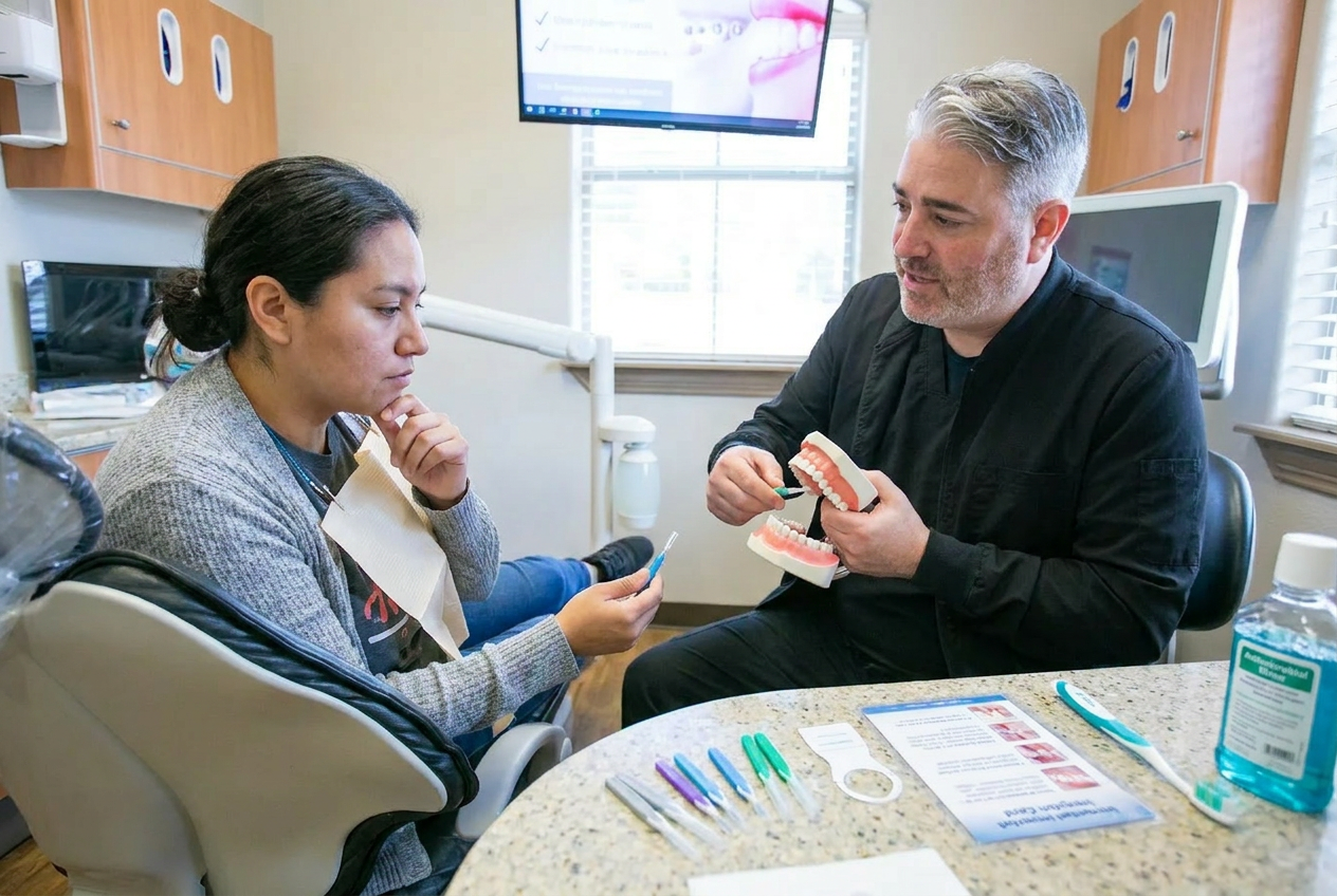 Dentist showing a patient before and after images of gum contouring